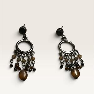 Vintage Gunmetal Chandelier Drop Earrings – Amber & Topaz Glass Bead Earrings
